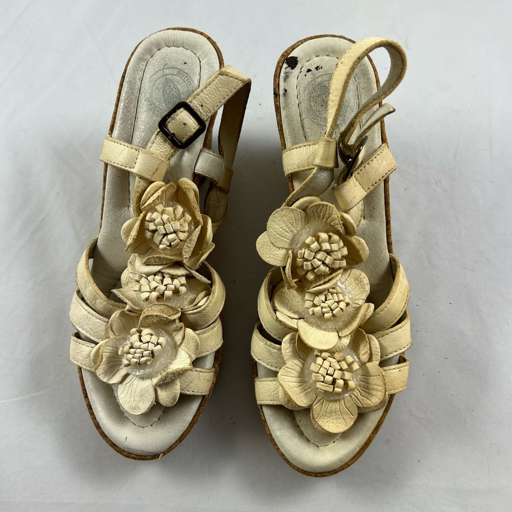 8 Culture beige floral leather wedges